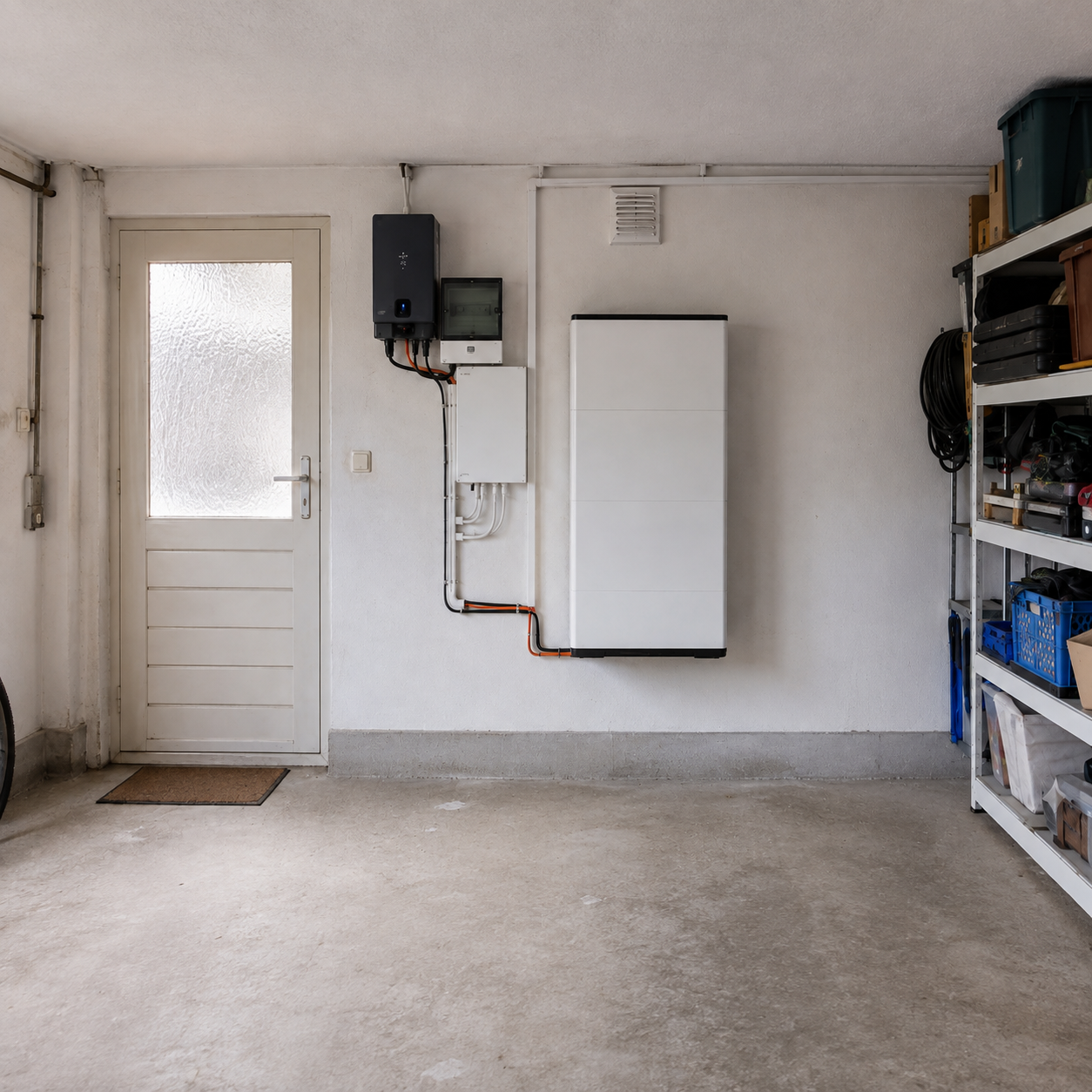 Thuisbatterij met omvormer aan de muur in een garage